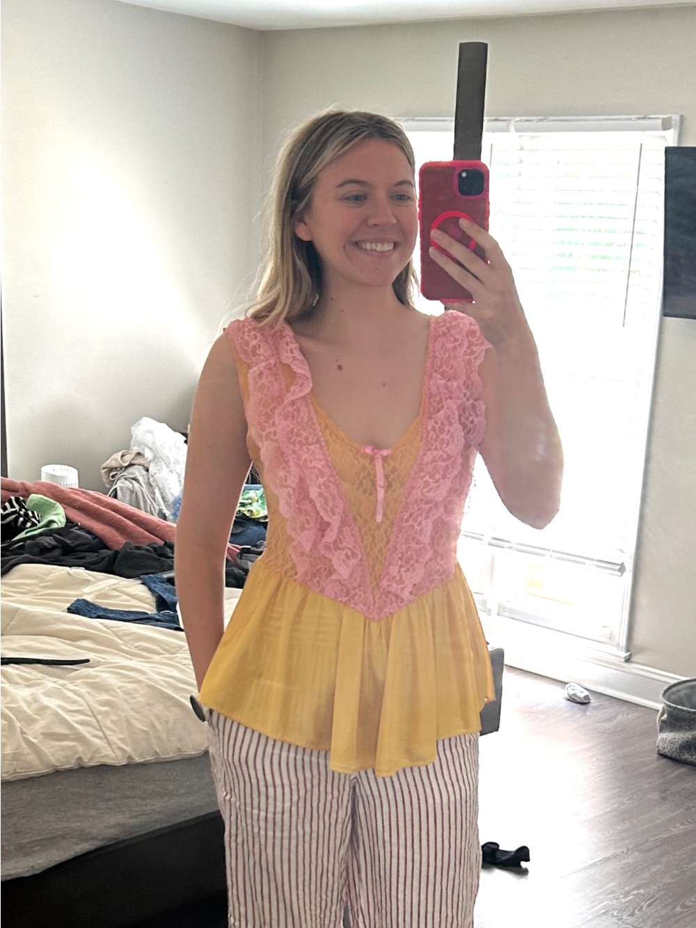 Vintage Yellow Peplum Top with Pink Lace Trim